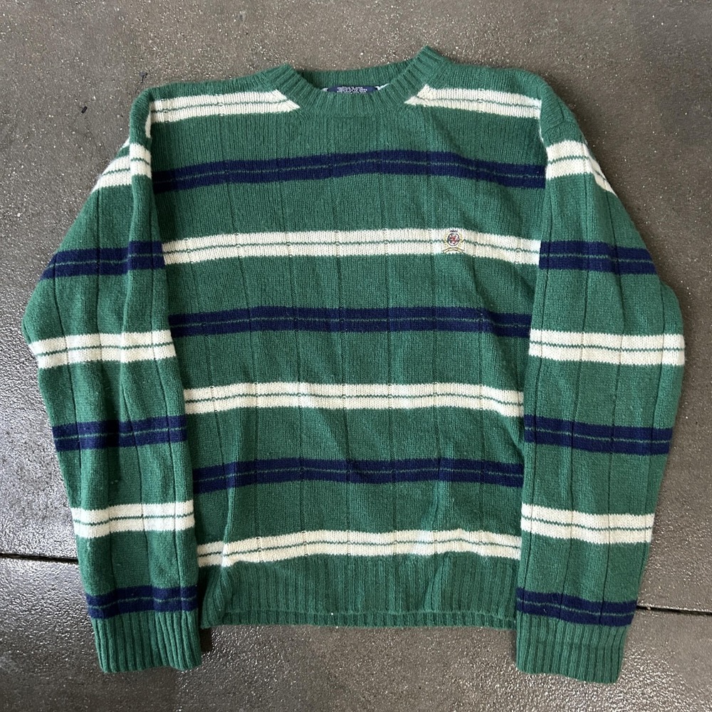 Tommy Hilfiger Sweater Mens Large Green Striped Wool Crewneck Pullover Knit